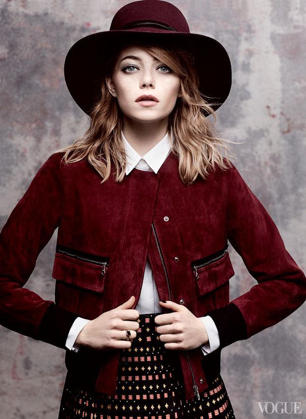 Emma Stone covers Vogue in an Erdem suede jacket and Rag and Bone Hat.