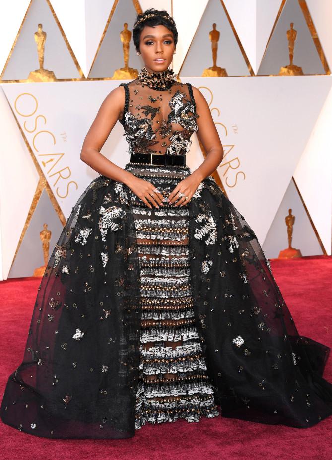 Janelle Monae attends the 2017 Oscars in Elie Saab Couture
