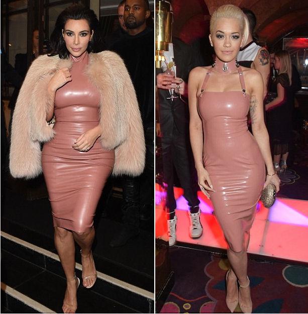 Latex dresses are trending this week in Hollywood. BOth Kim Kardashian and Rita Ora sported the same pink latex look.