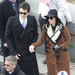 Katy Perry accompanied by John Mayer opted for a textured coat and fedora