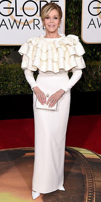 We love Jane Fonda but it is never a good idea to wear a ruffled bib in public. (Photo by Jason Merritt/Getty Images)