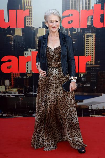 The print doesn't discriminate - Helen Mirren goes rocker chic in a Dolce and Gabbana leopard print dress and motorcycle jacket
