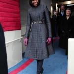 FLOTUS Michelle Obama arrives at the inauguration with a slight change to her look --Reed Krakoff boots and a jeweled belt and gloves from J. Crew.