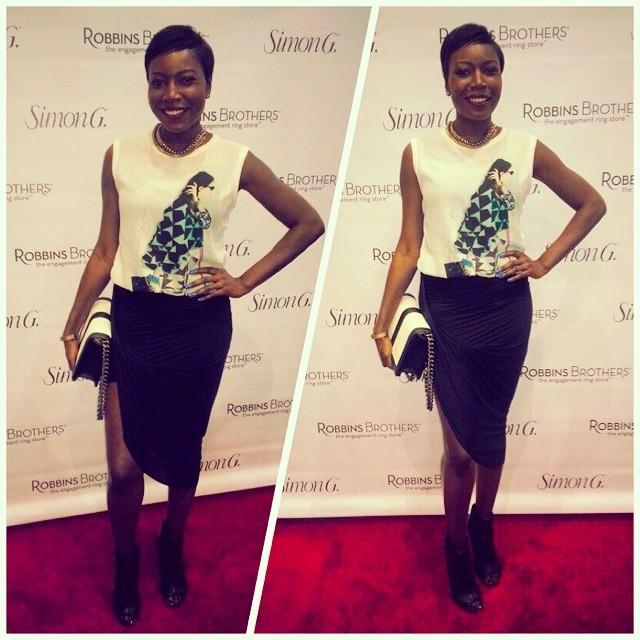Celebrating Simon G.'s latest collection at Robbins Brothers - Sporting a ruched black skirt with side slit, printed blouse layered with a statement necklace.