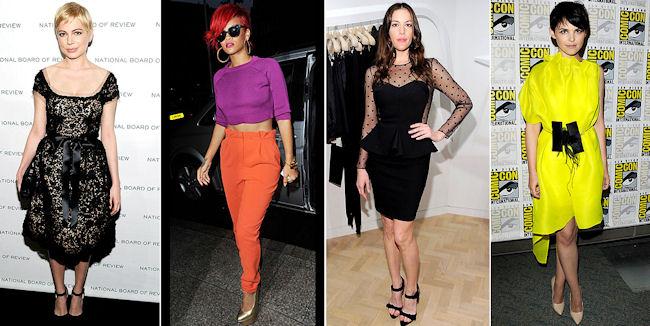2011 in style- Michelle Williams in a 50s style dress, Rihanna color blocks, Liv Tyler combines 2 of the year's biggest trends in a polka dot dress featuring a peplum skirt while Ginnifer Goodwin takes a risk in shocking yellow