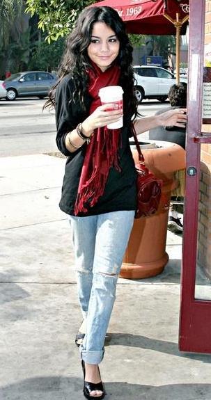 This sexy red scarf compliments Vanessa Hudgens' daytime look
